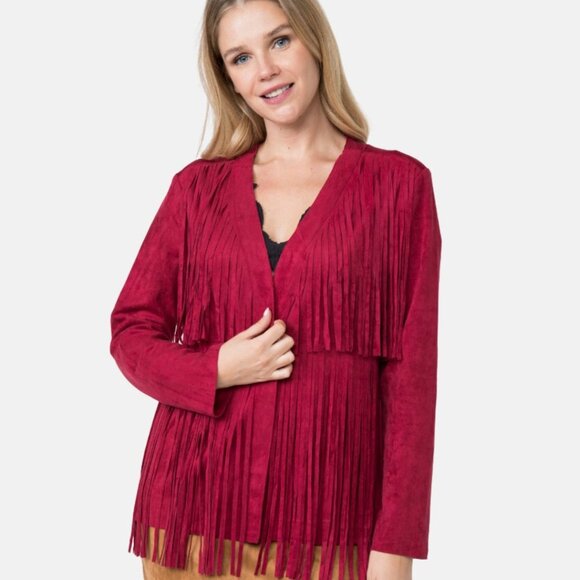 VOCAL APPAREL Ultrasuede Suede Burgundy Red Western Fringe Jacket Size S-XL NWT - Picture 1 of 3